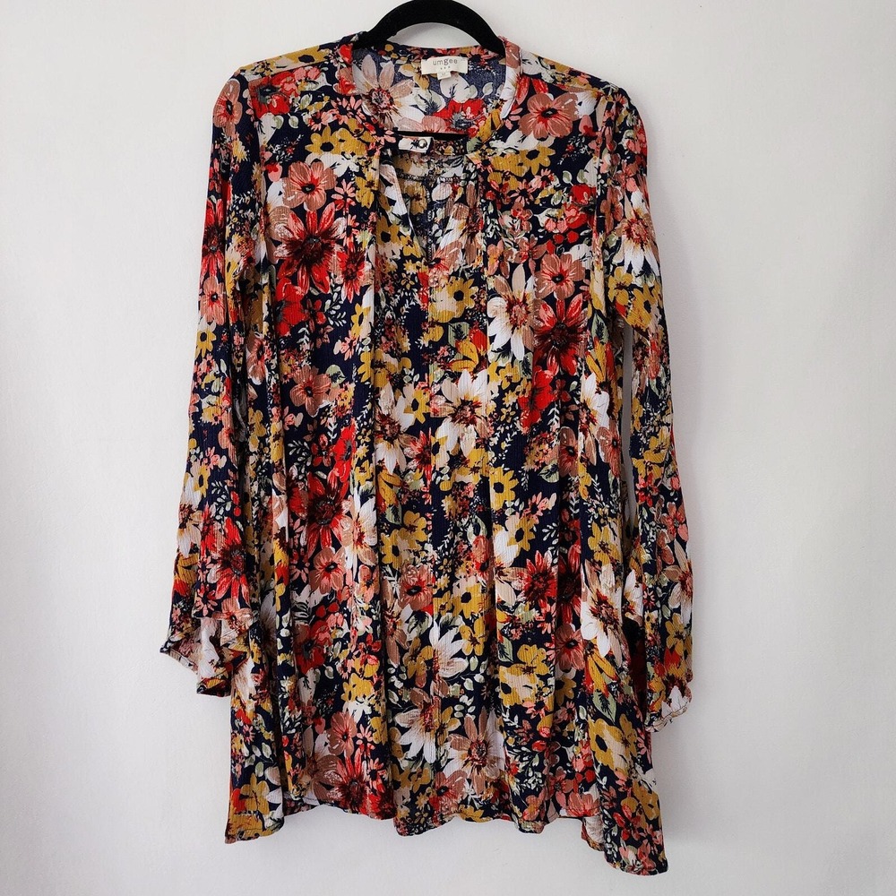 Umgee Floral Bell Sleeve Tunic Top Mini Dress Navy Red Yellow Womens Medium